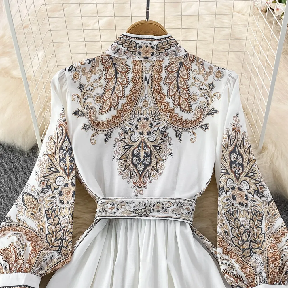 Women Vintage Long Dress Fashion Print A-line Ruffled Elegant Floral Party Dresses Ladies Long Sleeve Casual Long Robe Vestidos