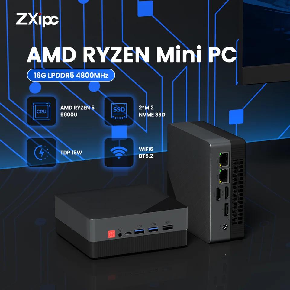 ZXIPC Mini PC AMD Ryzen 5 6600U 16GB LPDDR5 M.2 SSD Desktop DP