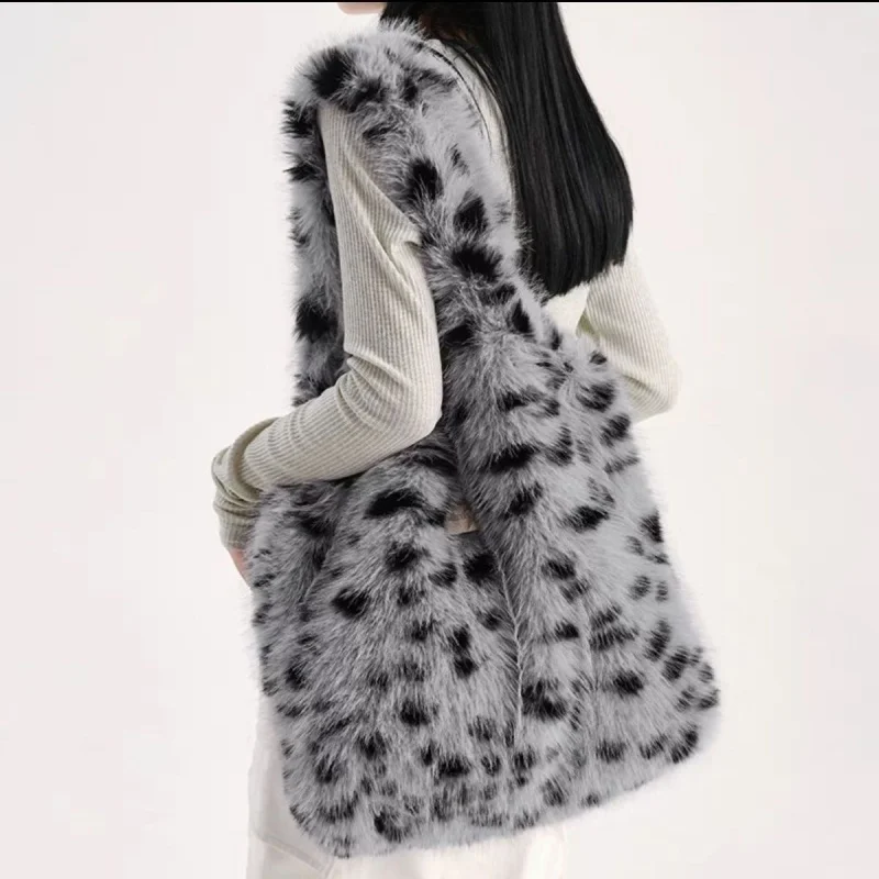 Korean Fashion Fluffy  Women Faux Fur Leopord Shoulder Bag Tote Bags Large Capacity Winter Plush Handbag Soft Lightweight