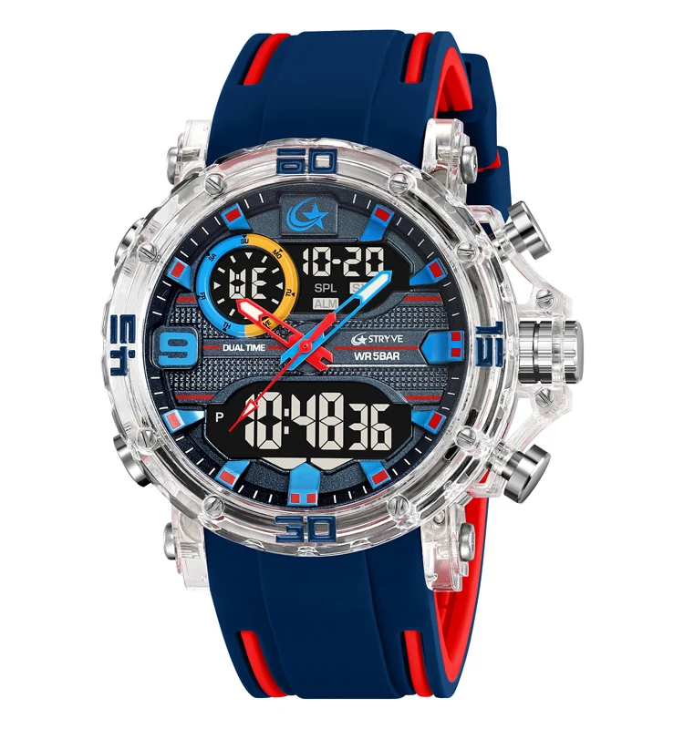 STRYVE Men's Military-Style Waterproof Quartz Watch with LED Dual Display and Alarm