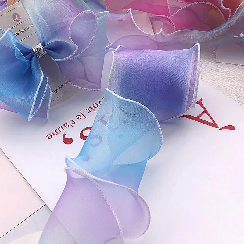 5M Handmade Ribbon Gift Gradient Wrapping Rainbow Organza Bow Iridescent Wedding Children's Flowers DIY 3 8 10mm multi colors option organza ribbon handmade diy garment sewing