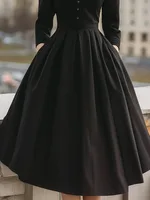 2026 New Women Black Stand Collar A-Line Dress Long Sleeves Buttoned High Waisted Pleated Elegant Cocktail Party Midi Dresses - Image 3