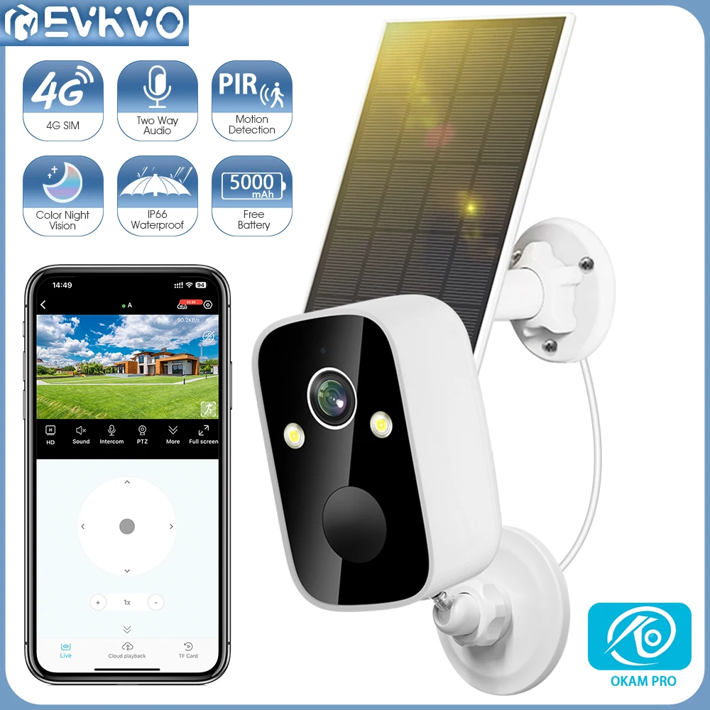 

EVKVO 5MP 130° Wide Angle 4G Solar Camera Built-in 5000mAh Battery PIR Motion Detection Security CCTV Surveillance IP WIFI Camer