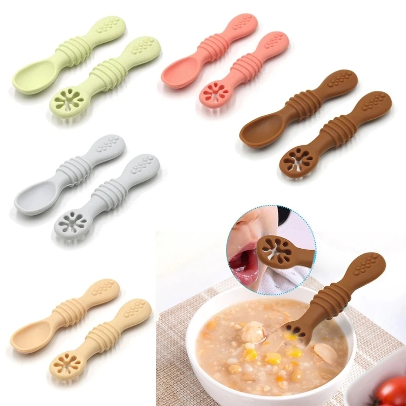 2PCS Cute Baby Learning Spoons Utensils Set Food Grade Silicone Sticky Spoon Children Cutlery Training Spoon Feeding Tableware 5