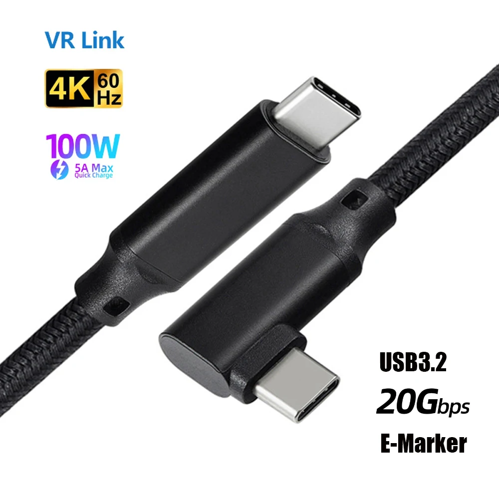 

100W PD 5A 90 degree USB3.2 Type-C Cable Video 4K @60Hz 20Gbps USB-C Gen 2 Cord For Macbook Pro Oculus Quest 2 VR cable