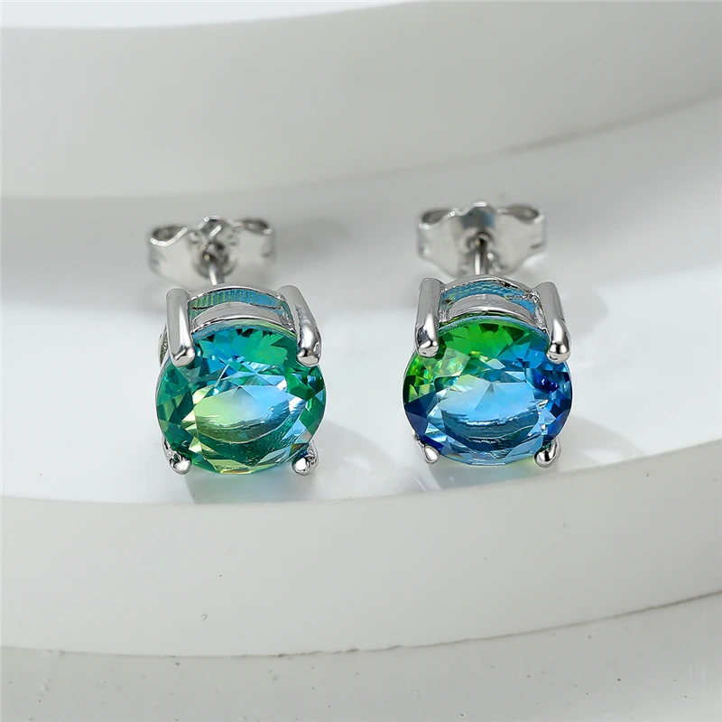 Charm Female Crystal Blue Green Zircon Stone Round Stud Earrings Vintage Silver Color Wedding Fashion Jewelry For Women