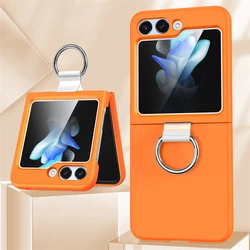 Solid Color Folding Case with Finger Ring Buckle - Shockproof Matte Clear Cover - Samsung Z Flip 5 (Orange)