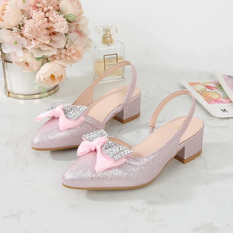 Summer New Children's Crystal Shoes, Fashion Bow Sequins High Heels, Soft Sole Anti Slip, Girl Princess Shoes, girls shoes, girls high heel shoes