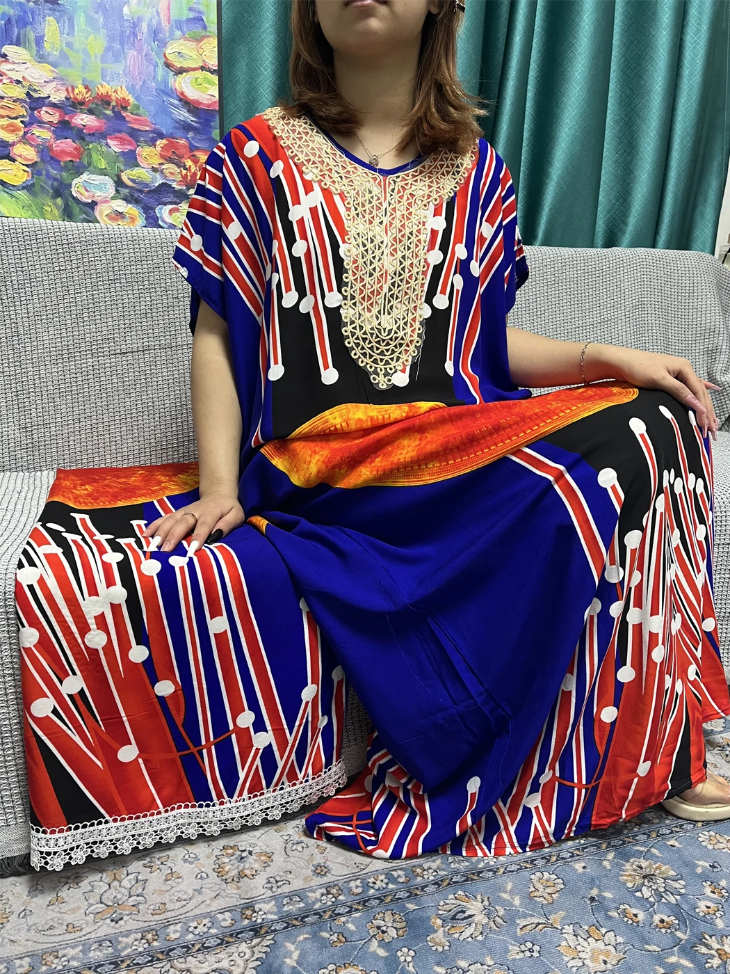 Muslim Abayas For Women Printed Appliques Cotton Short Sleeves Loose Femme Robe Moroccan Caftan With 160x80cm Lace Shawl Scarf