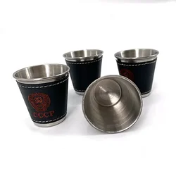 4 - Piece Stainless Steel Travel Cup Set with PU Leather Case for Outdoor Camping and Picnic (70ML - 4Pcs)