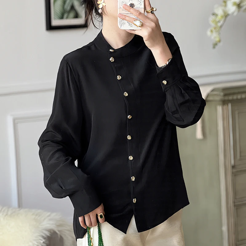 

2024 Spring Elegant Shirts Fashion Blouses For Women Long Sleeve Tops Solid Shirt 100% Real Silk Women's Vintage Blouse Loose