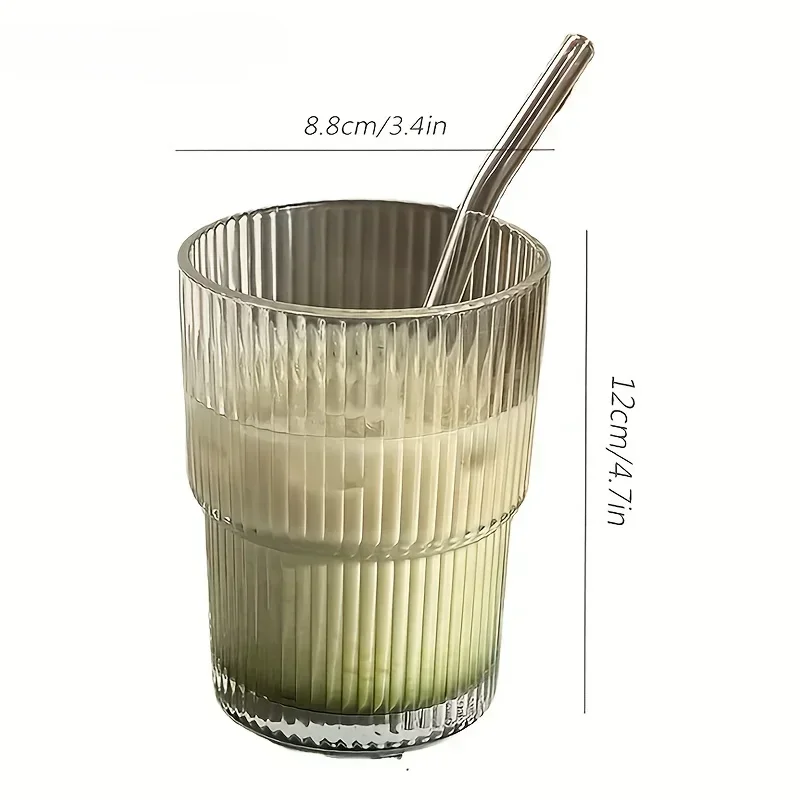 Glass Cup 1/2PCS 450ml Stripe Glass Cup Transparent With Lid and Straw Ice Coffee Mug Tea Cup Juice Glass Milk Water Drinkware