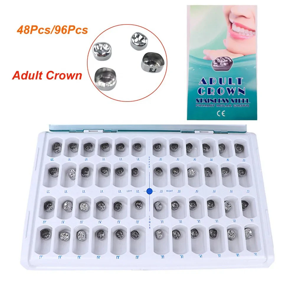 48/96 Pcs Dental Primary Molar Crown teeth 1st 2nd Preformed Stainless Steel Temporary Crowns Kit Adult Kids Dentistry Pediatric