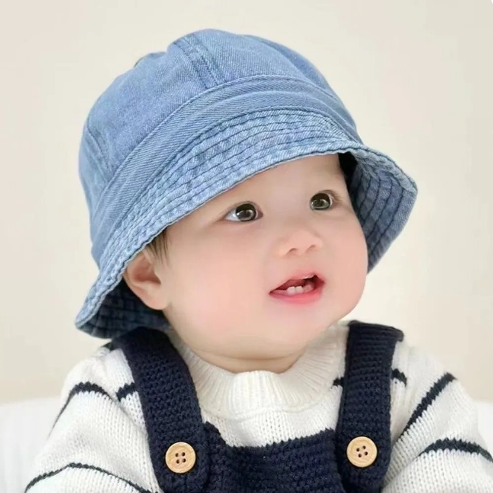 Cloth Washed Denim Bucket Hat Solid Color Korean Style Baby Sun Hat sun protection Windproof Children Fisherman Cap Boys
