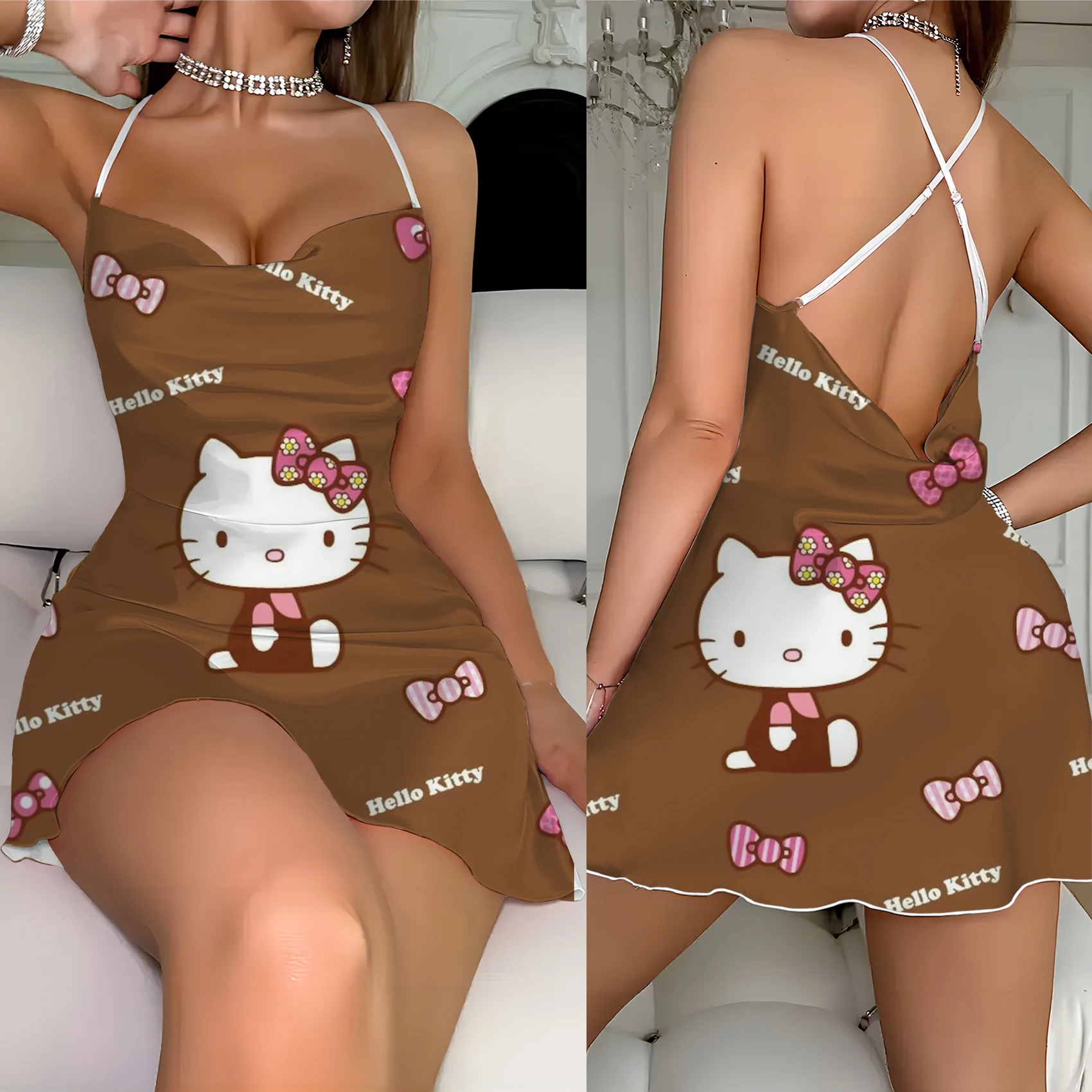 Slip Dress Elegant Gown Hello Kitty Woman Clothes Holiday Outfits Womens Fashion Summer Dresses 2024 Crew Neck Lettuce Trim Neck 2