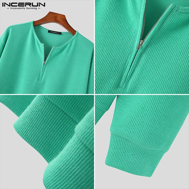 Korean Style Casual Simple Style Tops INCERUN Men Casual All-match Sweater Fashion Party Hot Sale Solid Semi-zip Pullovers S-5XL