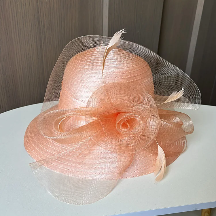 

Elegant fashion mesh flower basin hat Retro dome fashion banquet top hat Ladies summer sun hat with sun protection