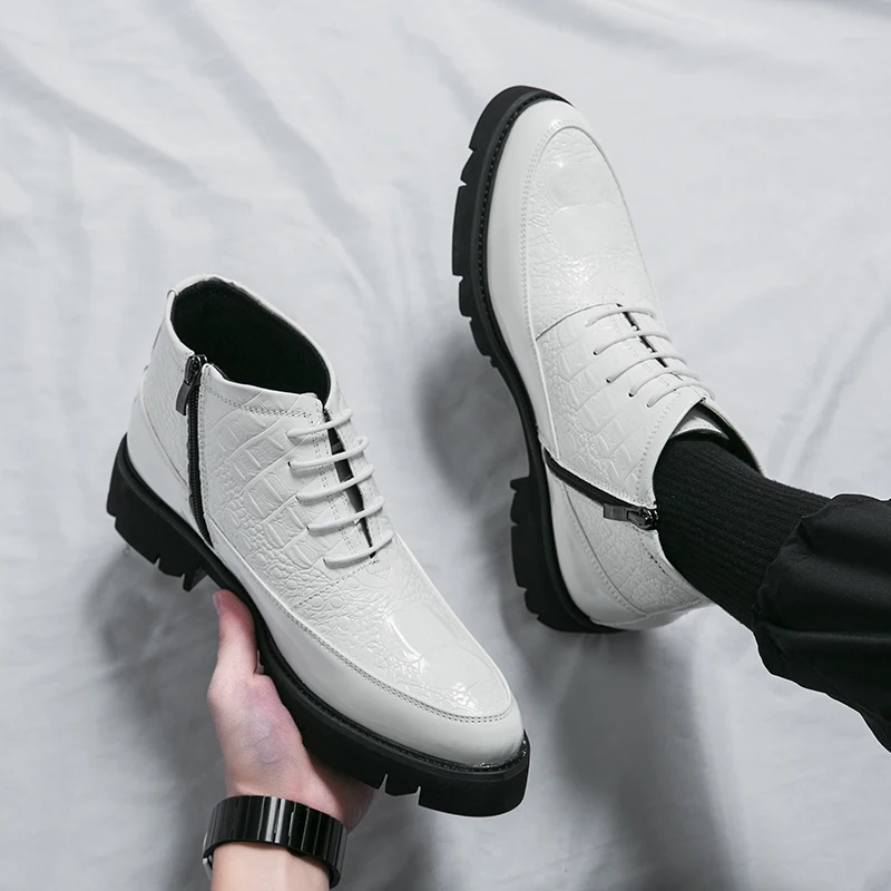

Thick Bottom Winter Non-slip Men's Fashion Casual Leather Boots Mid Calf Chelsea Boots Men's White Short Boots Point Toe Boots