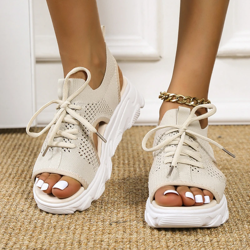 Women Sandals Summer Mesh Casual Shoes Thick-Soled Lace-Up Open Toe Beach Shoes
