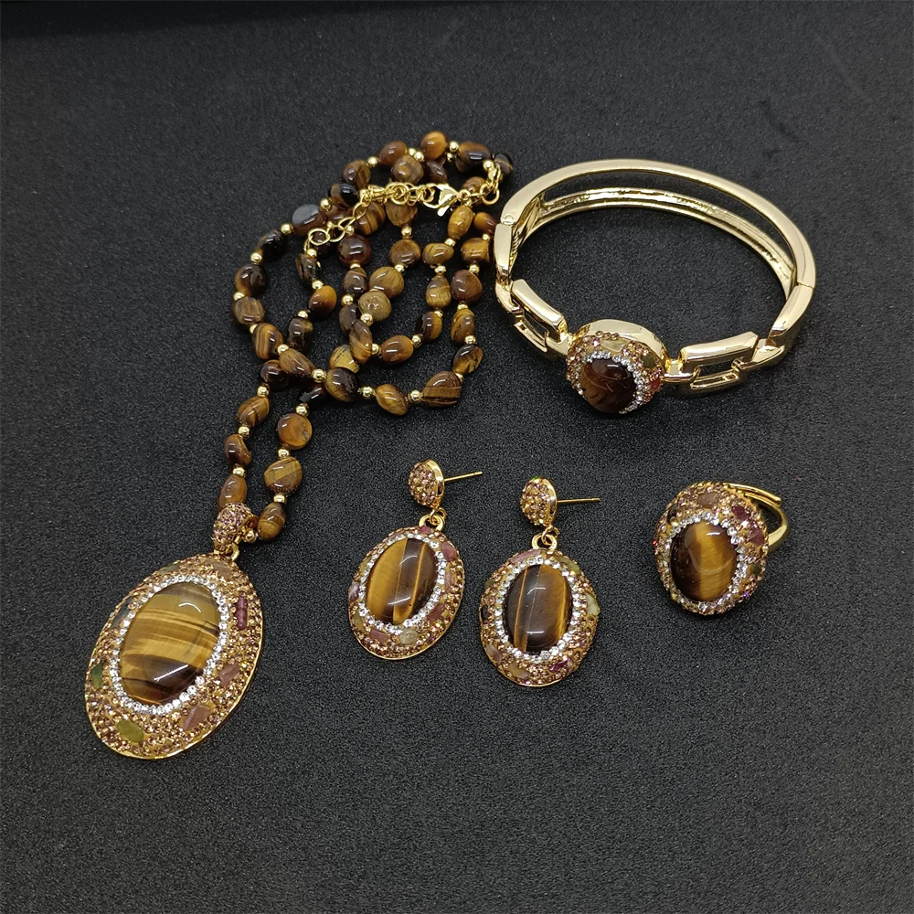 

New Tiger Eye Necklace Women's Jewelry Set Personalized and Popular Luxury Ladies Dance Party Exquisite Dress Accessories