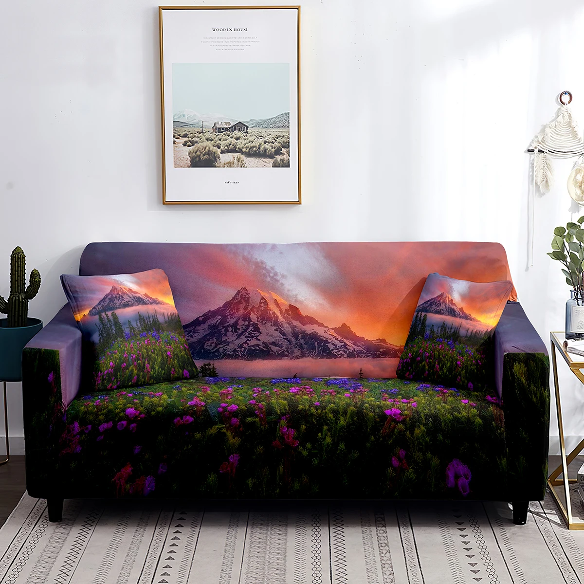 

Mountain Landscape Sofa Cover Blooming Floral Botanical Printed Couch Covers Washable Furniture Protector for Living Room Decor