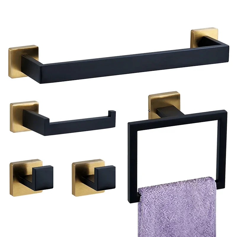 Kitchen Faucet Accessories Bathroom Black Gold Toilet Paper Holder Towel Rack Holder Robe Hook Towel Ring Stainless Steel Bathroom Hardwares Set kit