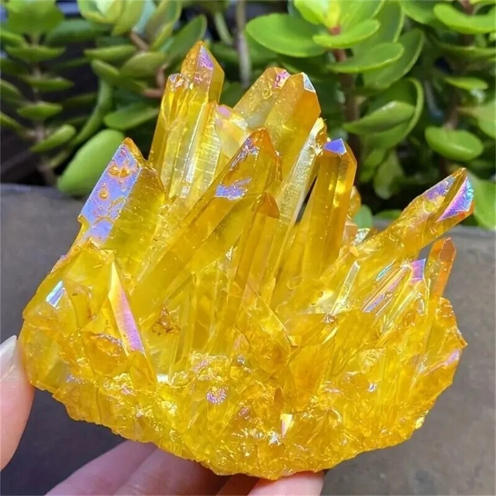 Natural Healing Gemstone Crystal Irregular Electroplating Yellow  Aura Quartz Crystals Cluster Raw Stone Hand craft Deco 2