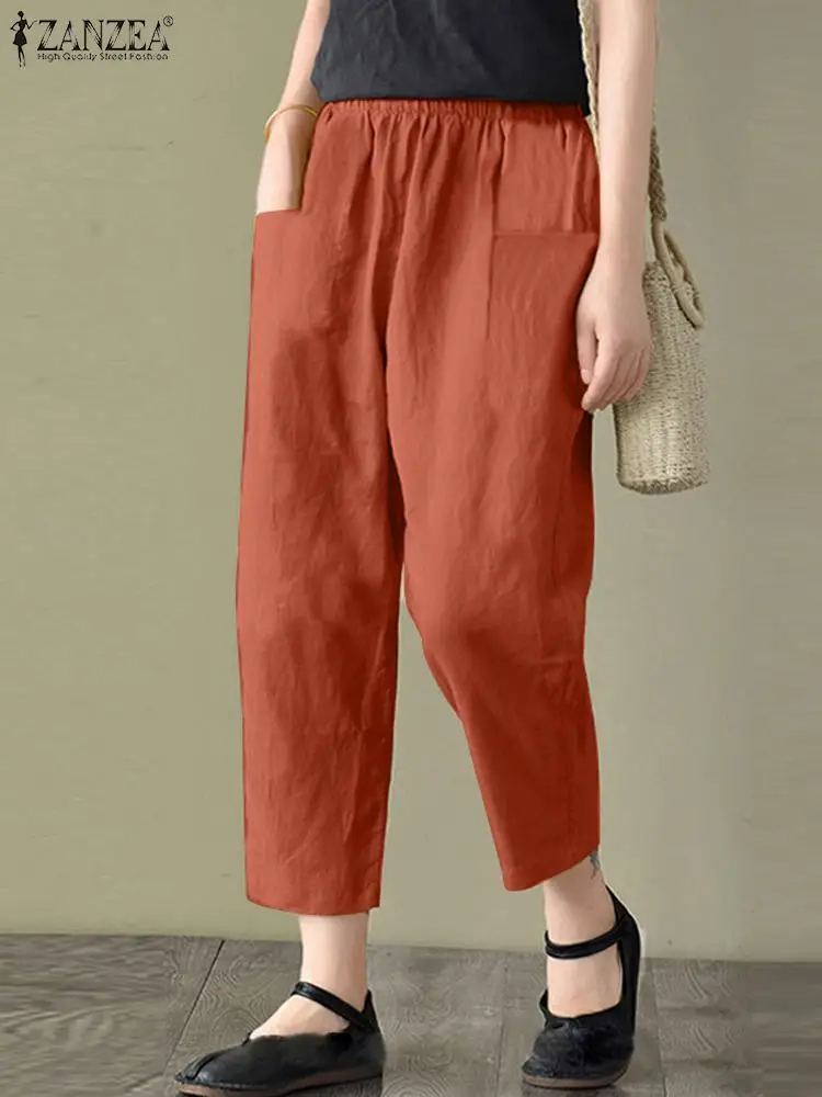 

ZANZEA Fashion Elastic Waist Pants Autumn Casual Solid Palazzo Woman Vintage Cotton Pantalon Female Street Trousers Oversized