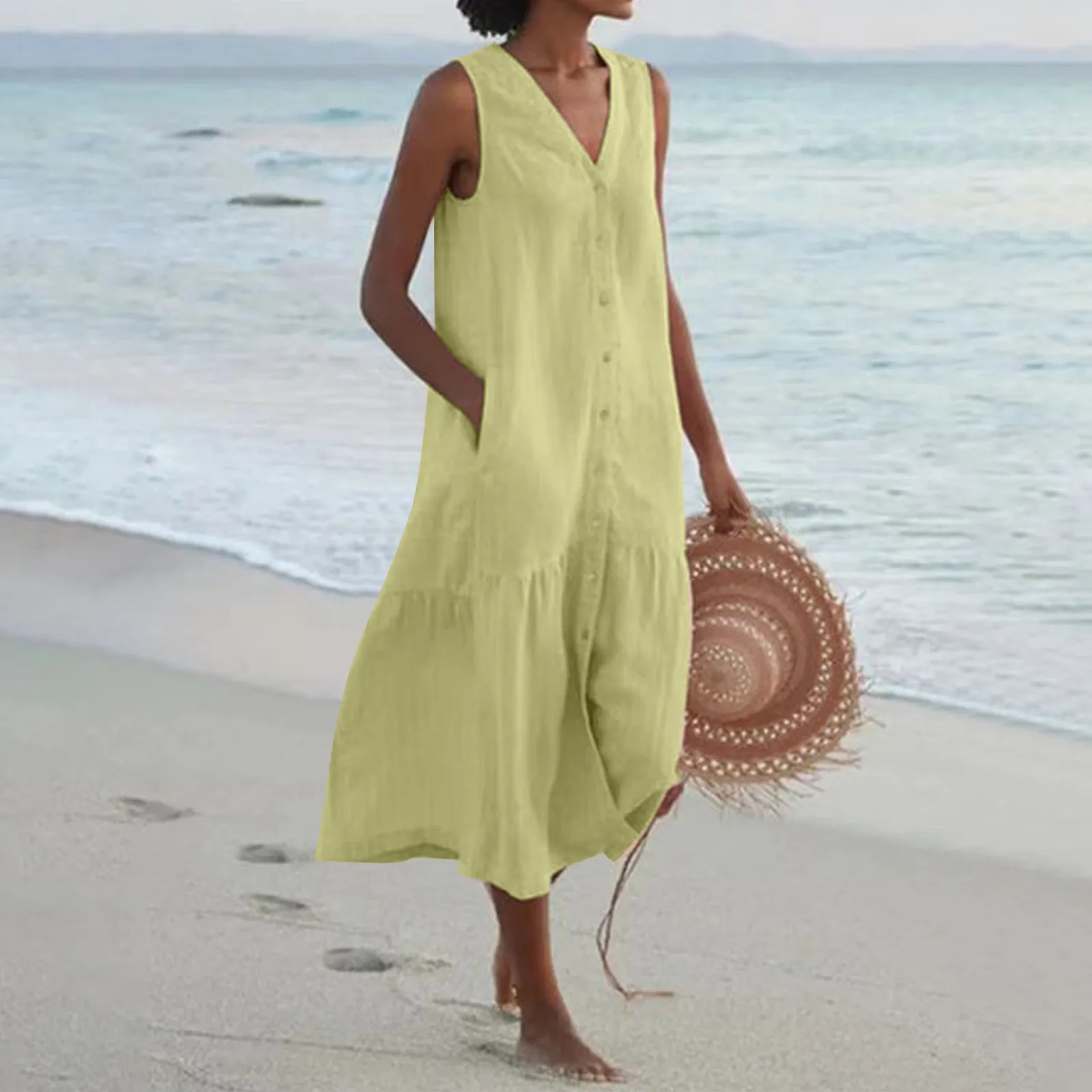 

Summer Dress Women Sleeveless V-neck Long Dresses Casual Buttons Down Loose Beach Holiday Dresses Female Clothing