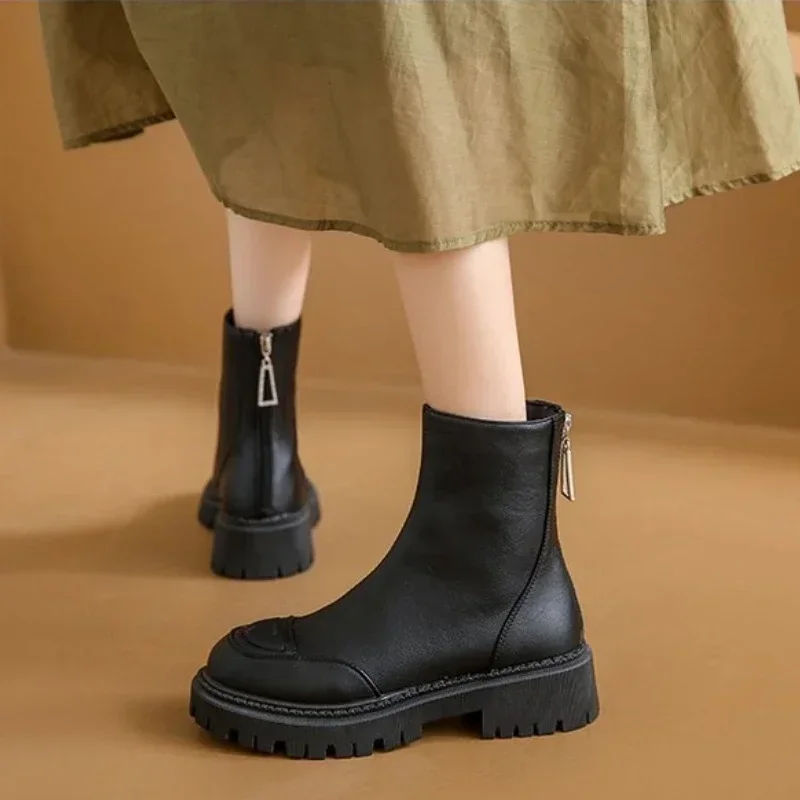 2023 New Winter New Ankle Boots Women Platform Leather Chelsea Boots Female Round Toe Elastic Thick Sole Shoes Ladies Zapatos