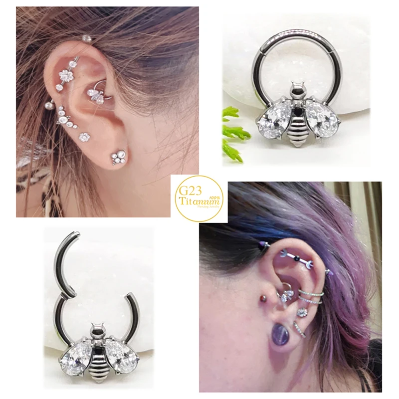 Zircon Little Bee Earrings F136 Titanium Septum Piercing Nose Rings Cartilage Clicker Rings Tragus Helix Piercing Body Jewelry