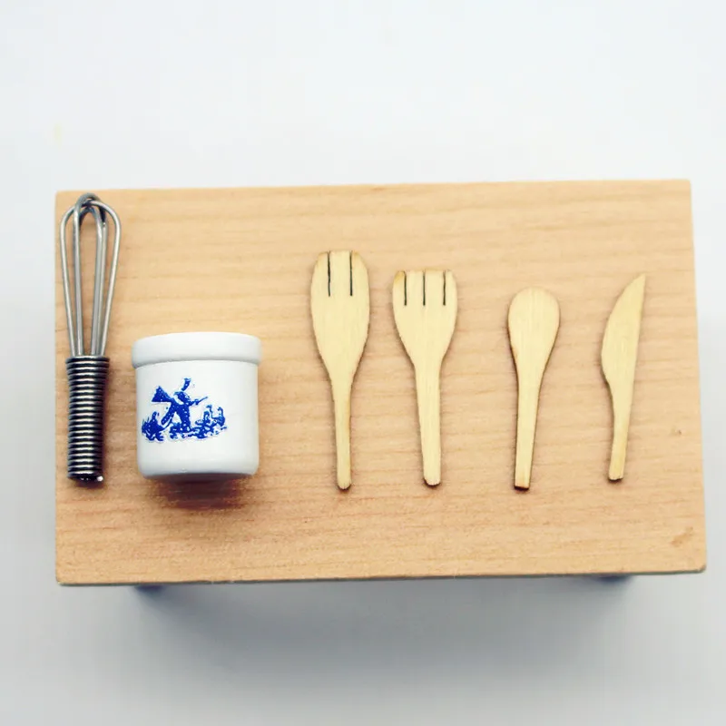 Miniature Dollhouse Kitchen Tools Set Wooden Spatula Knife Fork Egg Beater Jar For Home Decor Photography Props Mini Toys - 6
