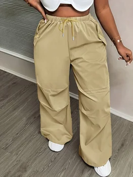 Women's Khaki Cargo Pants, Elastic Waist Drawstring Loose Wide Leg Pockets Casual Sport Trousers for Summer Streetwear