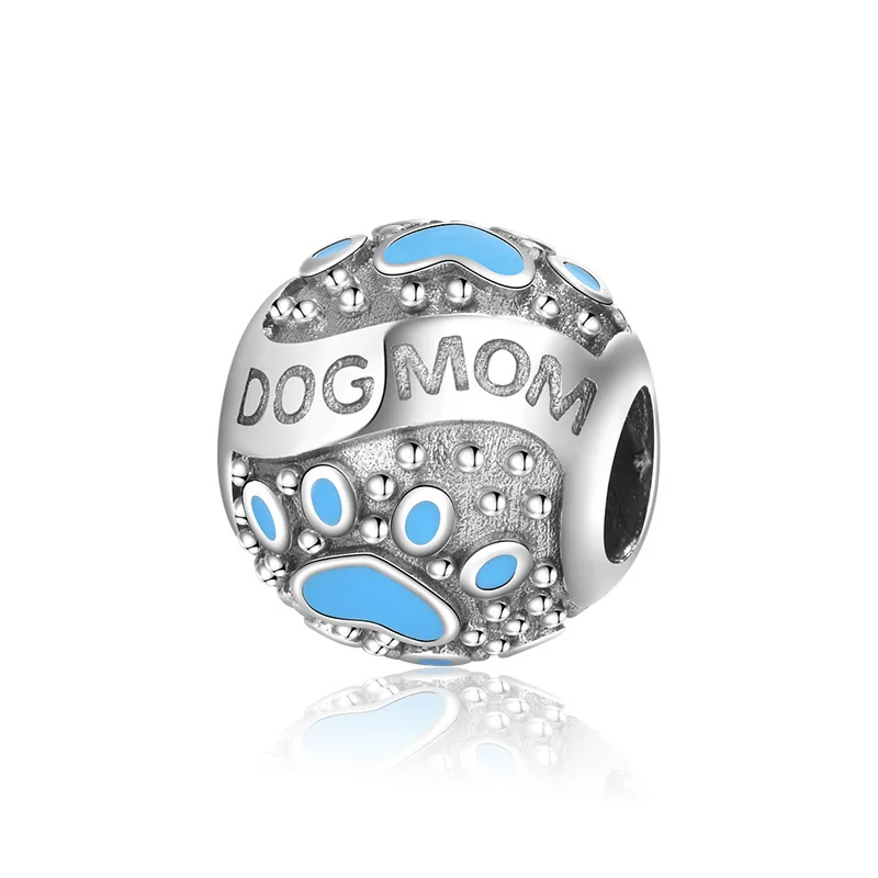 

Fine New Fit European Bracelet 925 Sterling Silver Blue Enamel Dog Mom Charms Dog Paw Round Bead for Women Diy Jewelry Gift