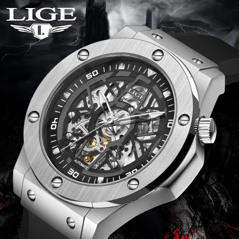 Hollow Out Design Automatic Watch For Men Luxury Stainless Steel Rubber Strap Mechanical Watch 30M Waterproof Reloj Hombre_voghion.com