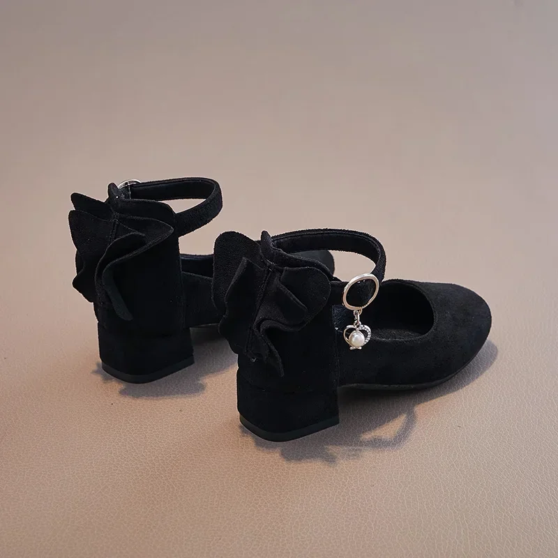 Fashion Gilrs Ankle Strap Fur Leather High Heels Shoes Toddler Girls Pearl Princess Shoes 6-16Y Party Dress Shoes Autumn Spring 4