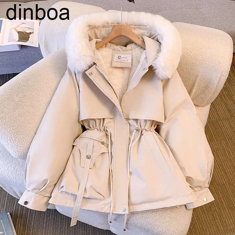 

Dinboa-women Long Sleeve Zipper Hooded Parkas Fleece Warm Waist Cotton Coat Cotton-padded Jacket Pocket Causal Coat Fall Winter