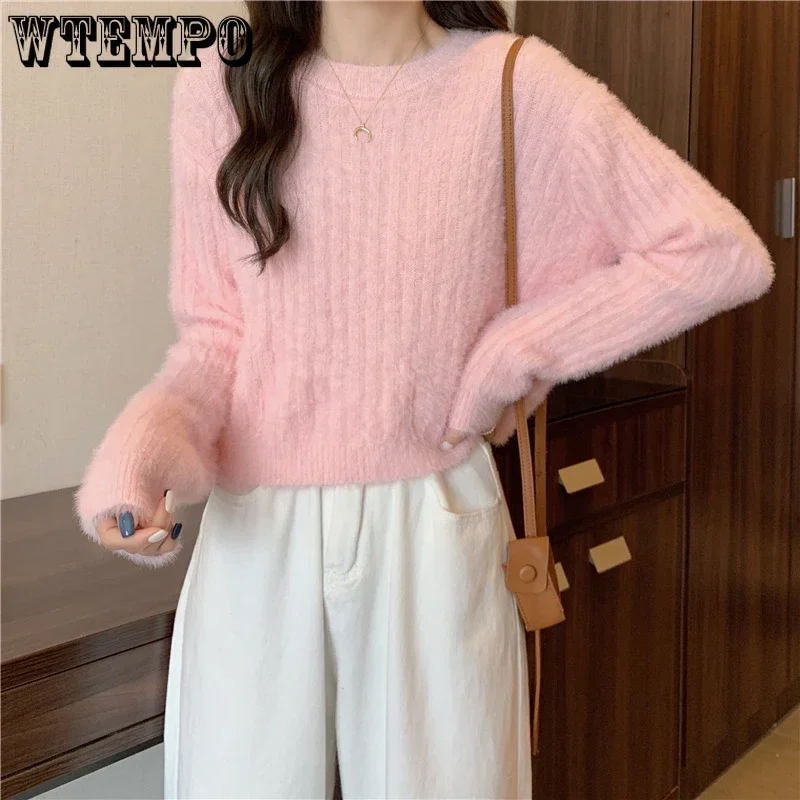 Y2K Cropped Sweater Pink Furry Solid Korean Fashion Pullover Y2K Cropped Sweater Pink Furry Solid Korean Fashion Pullover