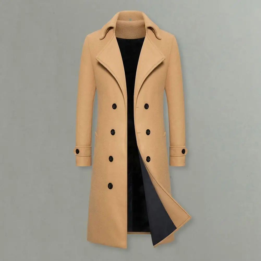 Men Solid Color Coat Double-breasted Men's Overcoat Slim Fit Mid Length Long Sleeve Thick Windproof Warm Solid Color Cardigan