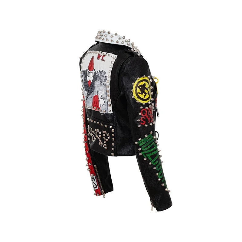 Punk Rivets Motorcycle Leather Jacket Women 2024 Trend Slim-fit Streetwear Graffiti Print Faux Leather Cropped Jacket