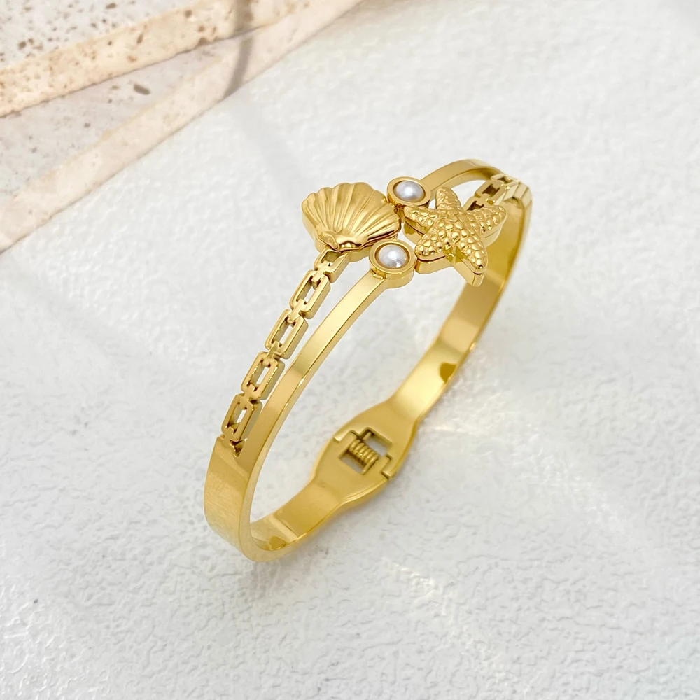 Stainless Steel Women's Luxury Designer Shell Starfish Ocean Series Imitation Pearl Bangle Bracelet For Women Jewelry Cuff Gift 1