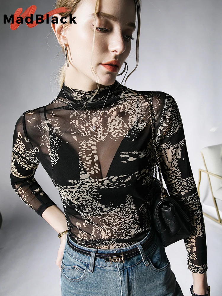 

MadBlack European Clothes Tshirt Women Sexy Mock Neck Print Sheer Slim Mesh Tops Long Sleeve Elastic Tee Autumn Spring T39836JD