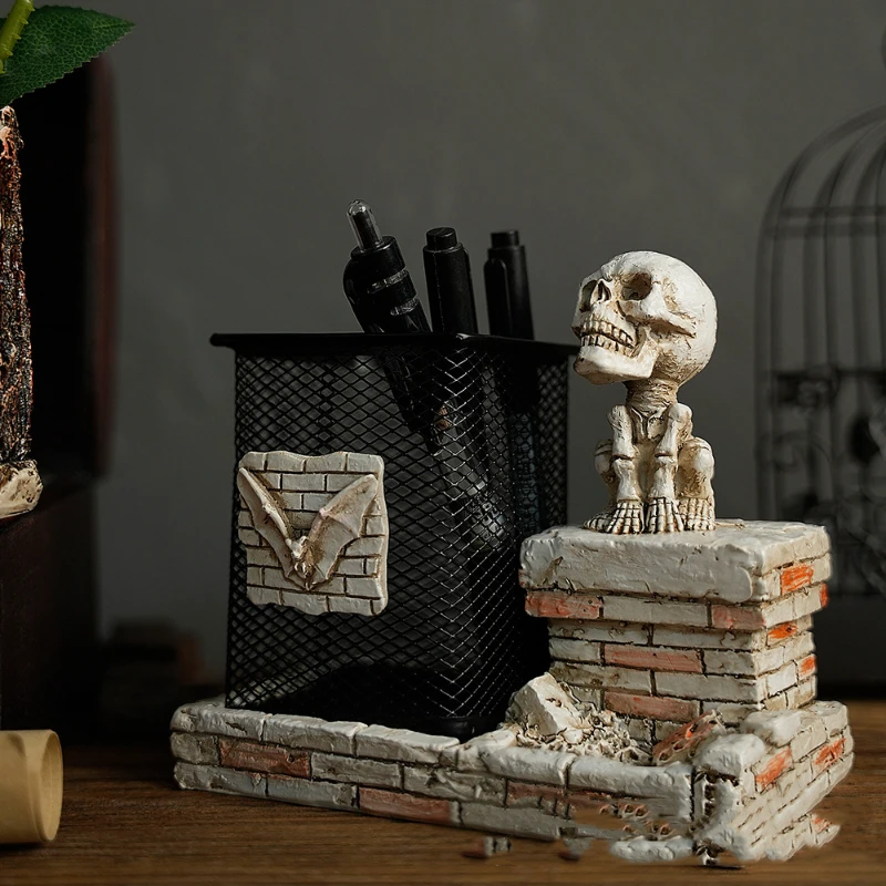 Skull Pen Container Versatile Holder Flower Display Halloween Themed Makeup Tool Organizer Stand Perfect Office Stationery Gift