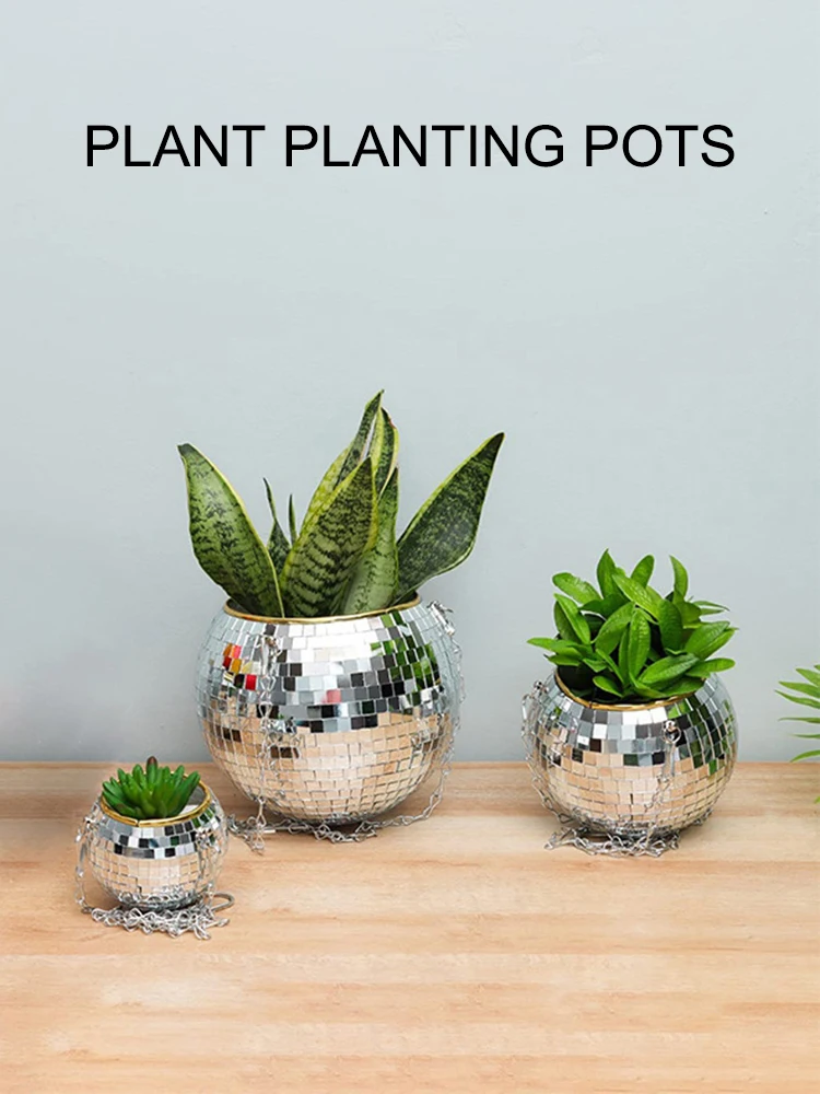 Description Picture 2 of item1PC Disco Ball Creative Round Flowerpot Hanging Basket Plastic Glass Mirror Plant Planting Pot Succulent Slivery