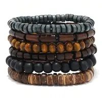 6PCS  Wodeen Braided Wrap Leather Bracelet for Men Vintage Life Wood Beads Fashion Male Armband 1