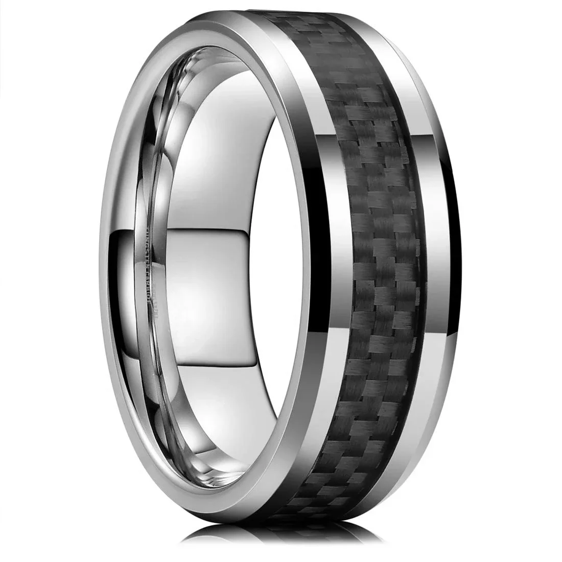 Sophisticated Silver Titanium Stainless Steel Men's Ring with Black Carbon Fiber Accent