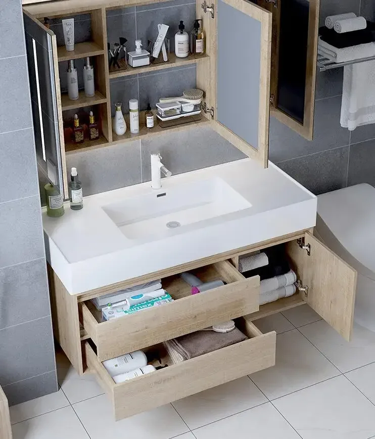 European Antique Bathroom Vanity Cabinets Set With Marble Countertop And Led Mirror Storage Cabinet