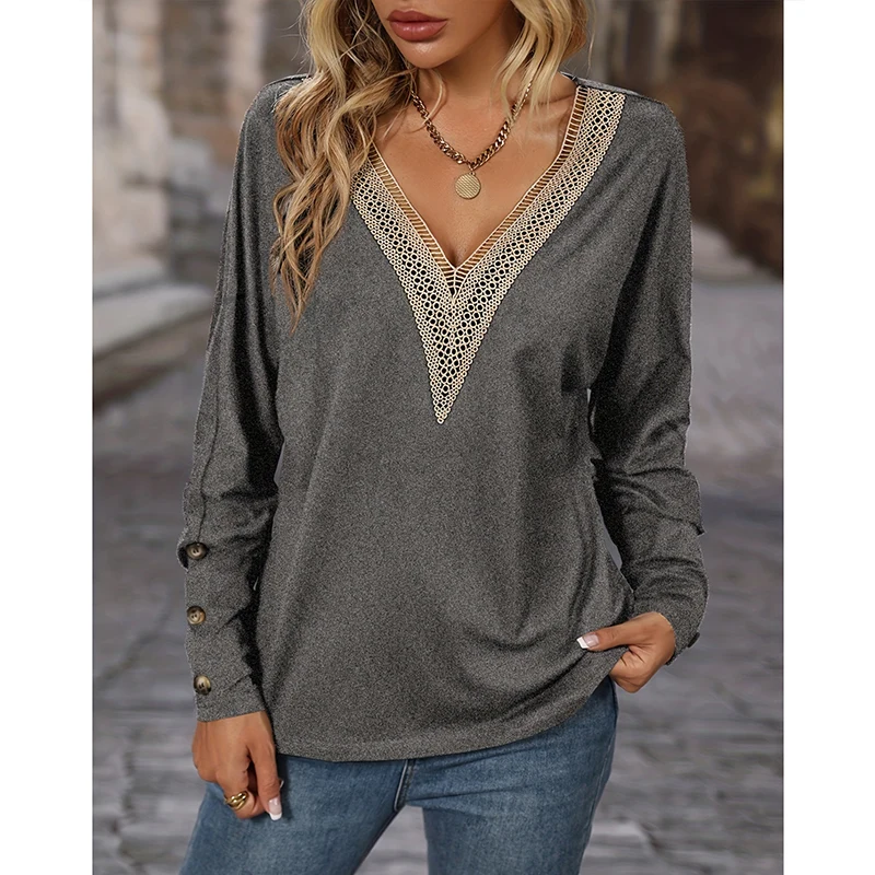 

Autumn New Elegant Fashion Trendy Vintage Shirt Women Deep V Neck Long Sleeve Button Loose Casual Hook Flower Hollow Lace Top