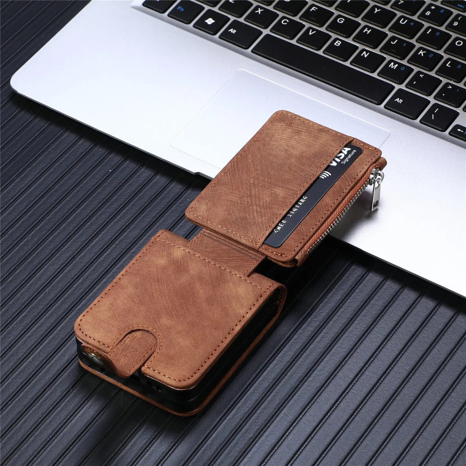 Leather Foldable Wallet Phone Case with Zipper Card Holder