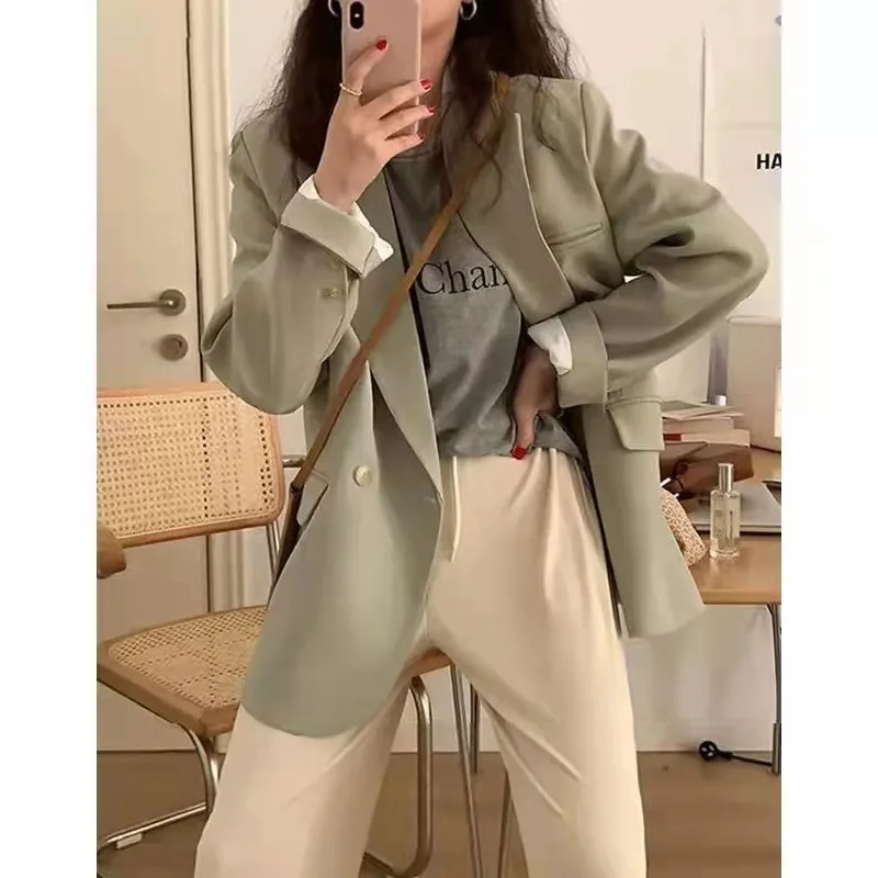 Light Green Oversize Blazer Womens Double Breasted Office Elegant Female Coat Casual Long Sleeve Female Spring Suit Jackets